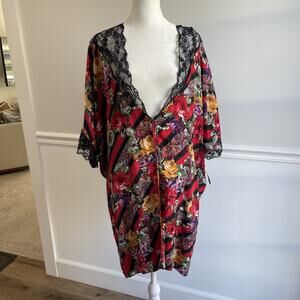 Vintage Patricia Fieldwalker Adagio Silk Kimono Red Floral Lace Neiman Marcus